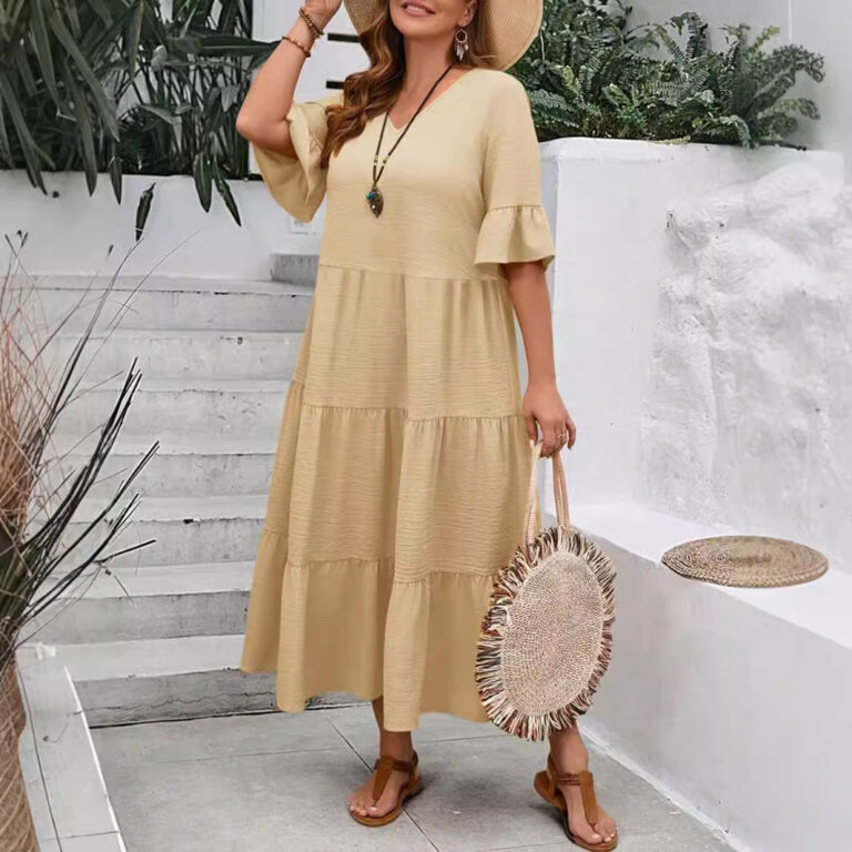 V-neck Stitching Multicolor Long Large Hem Plus Size Dress - Image 5