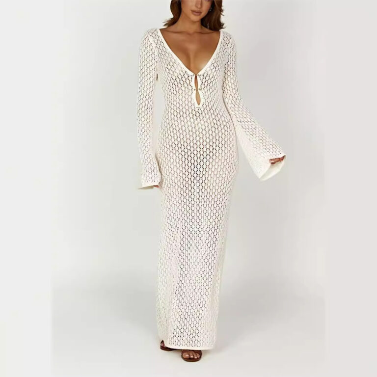 Women's Long-sleeved Knitted Slim-fit Jumpsuit Long Skirt