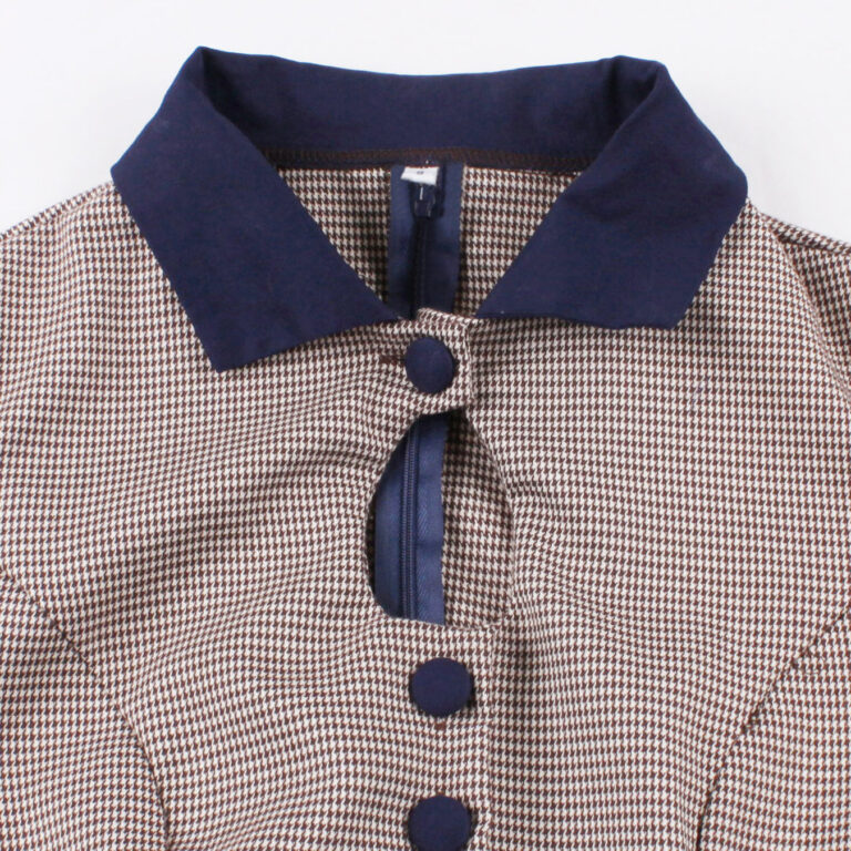 Color Effect Collar Hollow High-grade Houndstooth Patchwork Ruffled Waist-tight Autumn And Winter Long Sleeve Retro Dress - Image 4