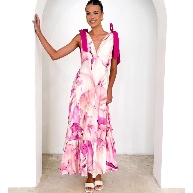Tied V-neck Sleeveless Printed Dress Women - Image 2