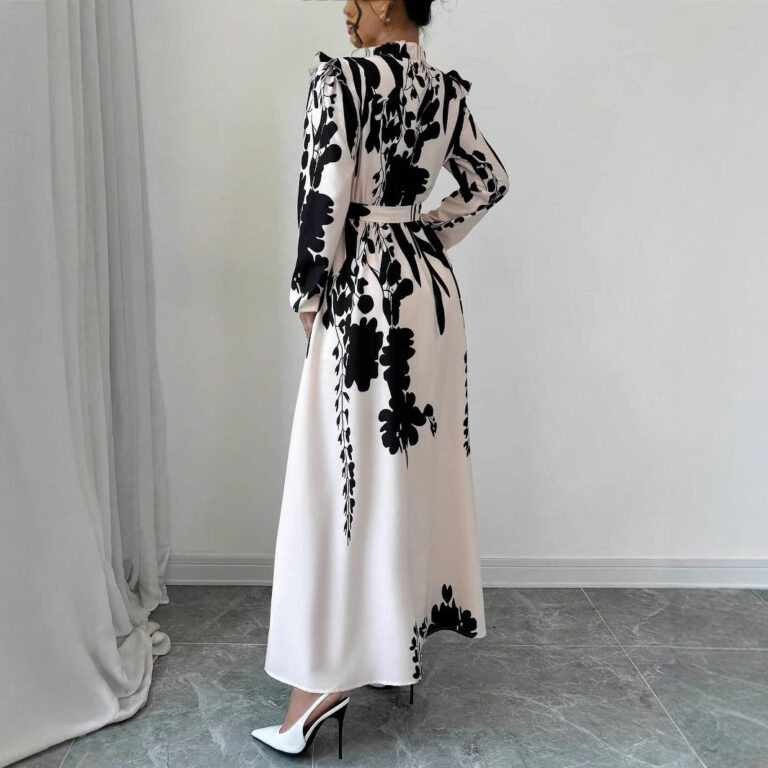 Women's Flower Waist Long Sleeve A- Line Dress - Image 2