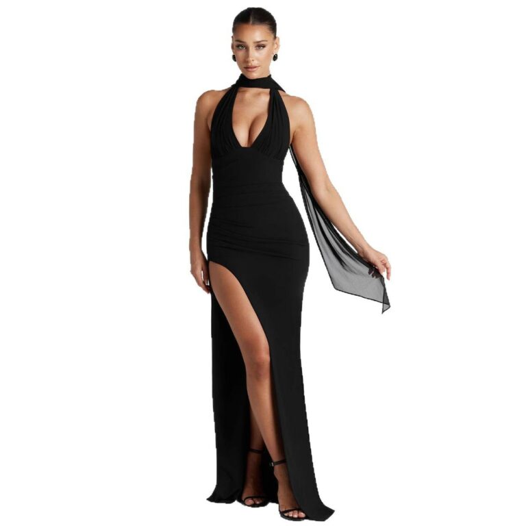 Women's Sexy Halter Deep V Lace-up Backless High-cut Split Solid Color Dress - Image 5