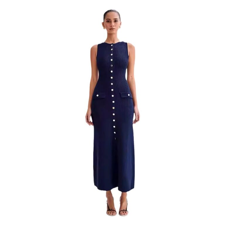 Knitted Elegant Sleeveless Button Long Dress - Image 5
