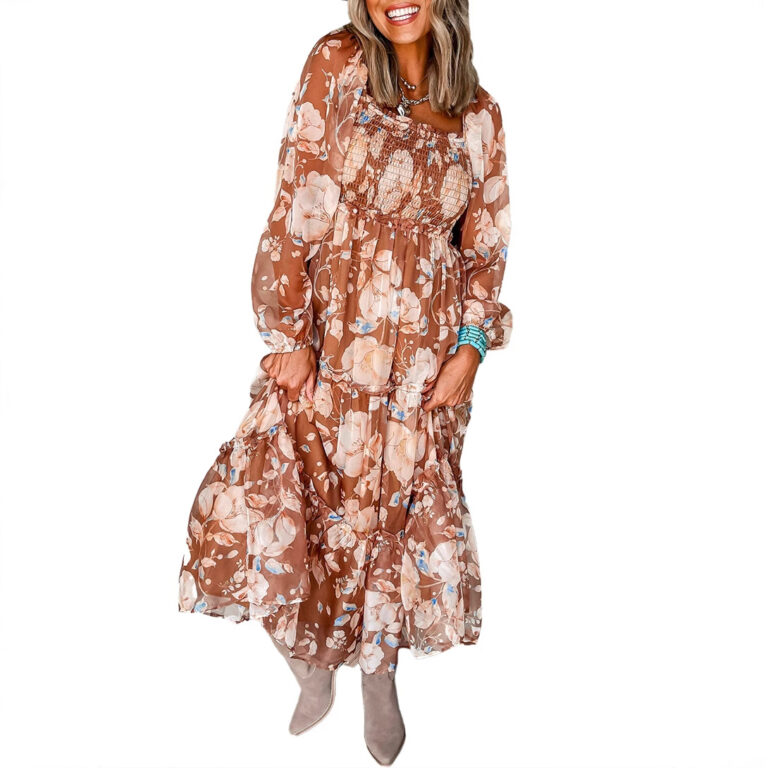 Square Collar High Waist Dress European And American Printed Waist-controlled Dress - Image 5