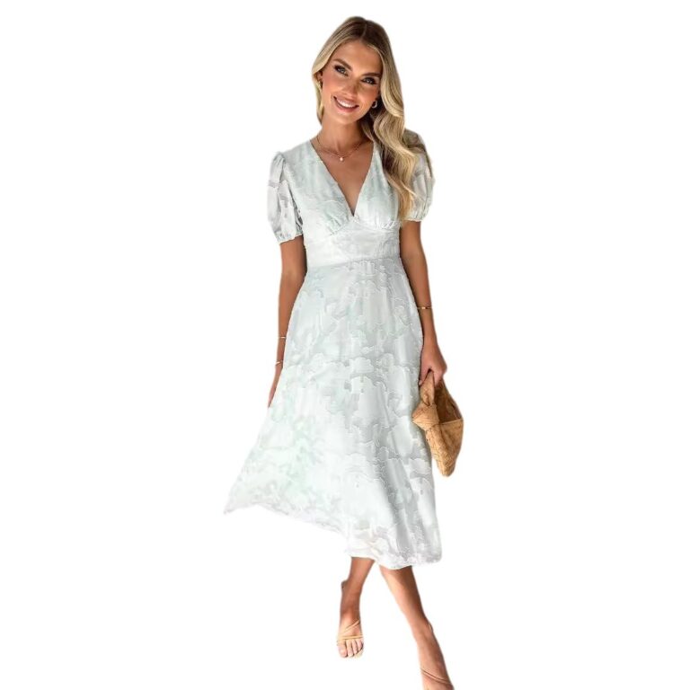 Floral Lace Short Sleeve High Waist A- Line Flowy Dress - Image 4