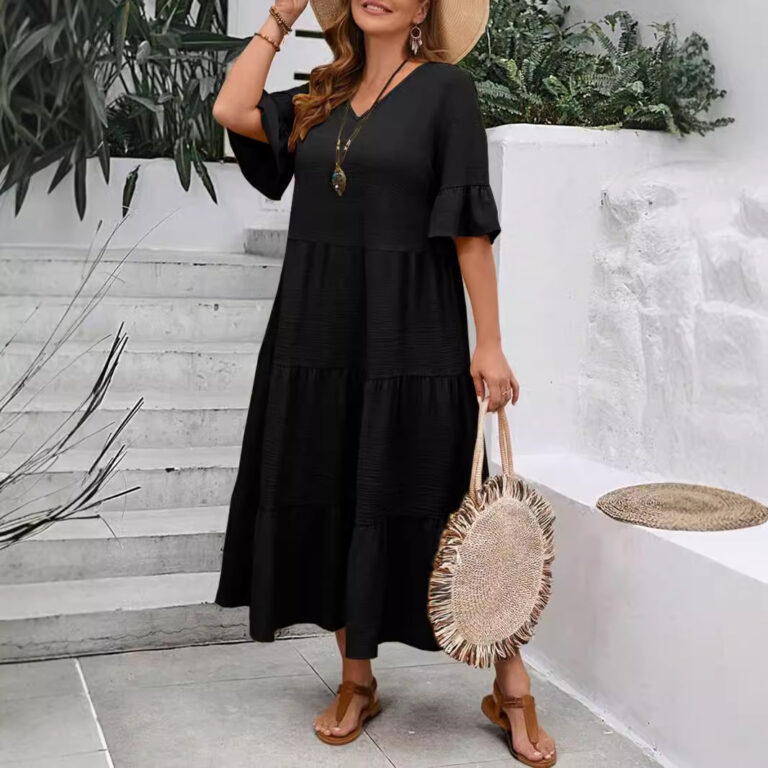 V-neck Stitching Multicolor Long Large Hem Plus Size Dress - Image 3