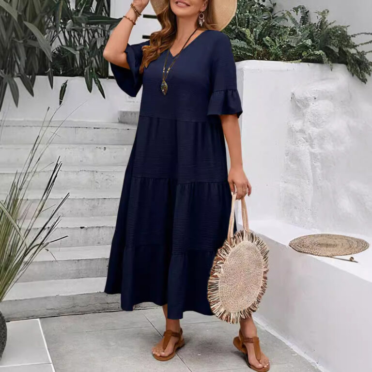 V-neck Stitching Multicolor Long Large Hem Plus Size Dress - Image 2