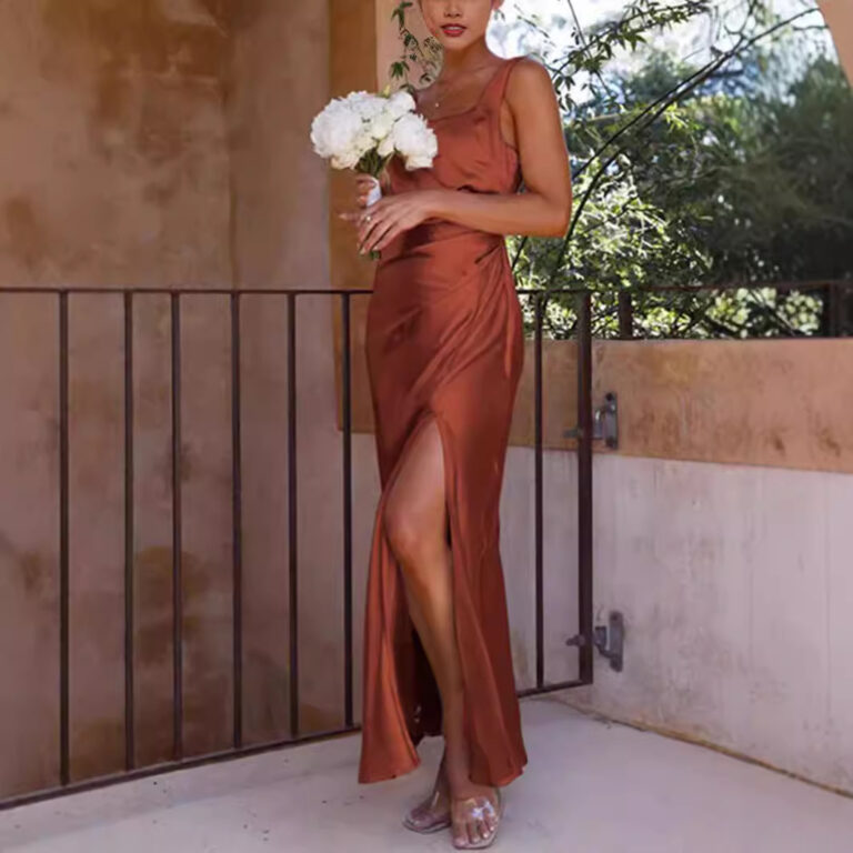 Women's Satin Square Collar Backless Slit Length Dress - Image 3