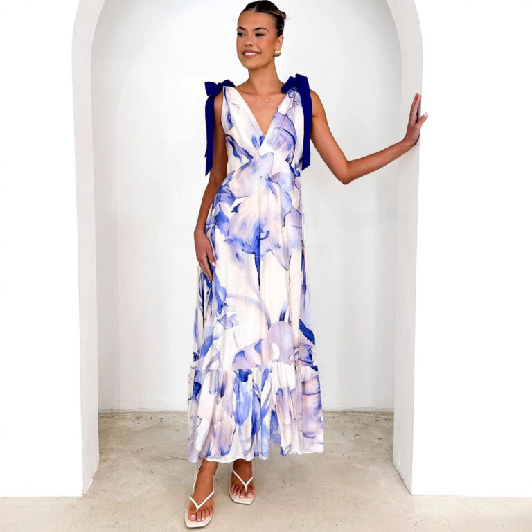 Tied V-neck Sleeveless Printed Dress Women - Image 4