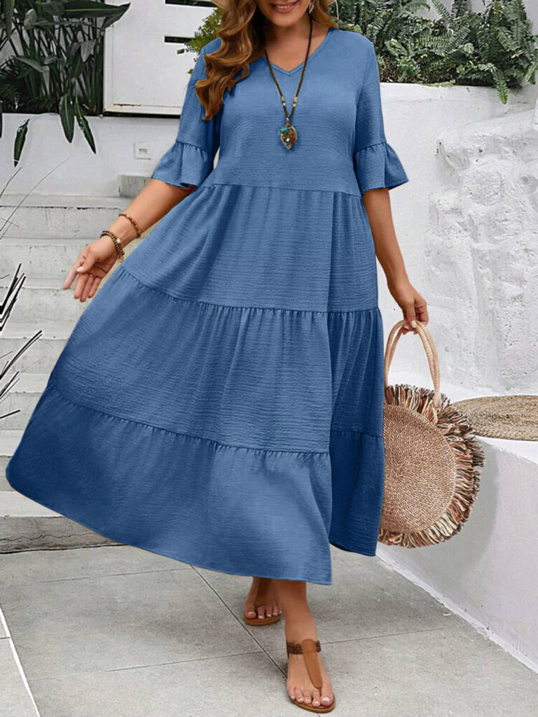V-neck Stitching Multicolor Long Large Hem Plus Size Dress - Image 10