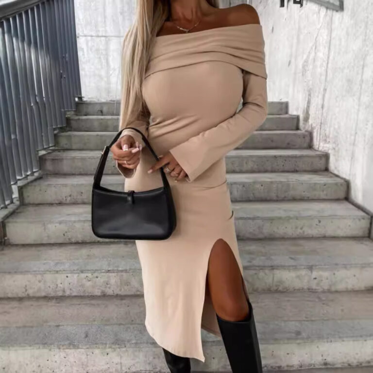 Long Sleeve Solid Color Off-neck Dress - Image 4
