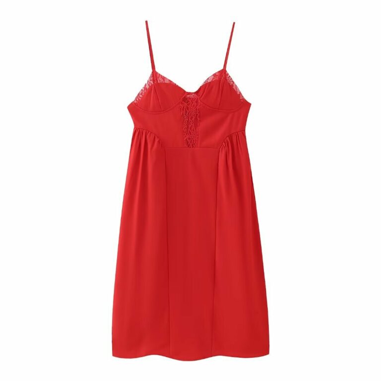 Women's Fashion Zero Lace Patchwork Waist-slimming Red Slip Dress - Image 5