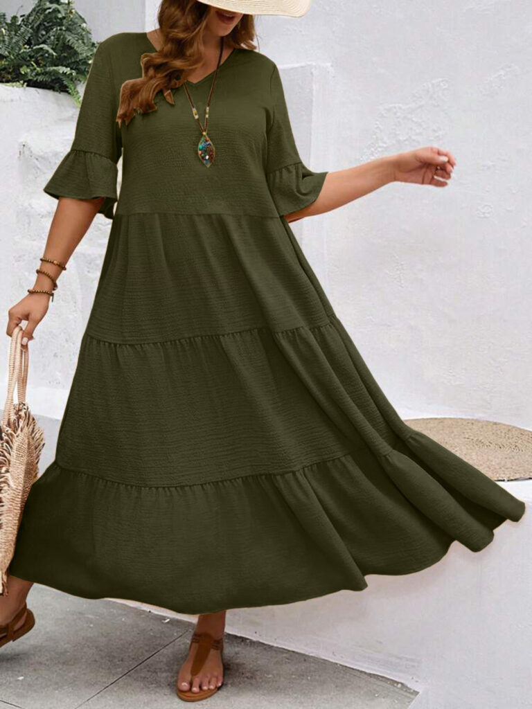 V-neck Stitching Multicolor Long Large Hem Plus Size Dress - Image 9