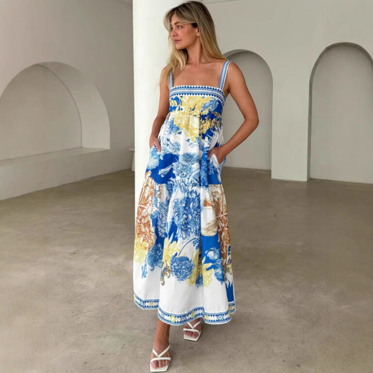 Vacation Style Long Skirt Positioning Printing Slip Dress - Image 3