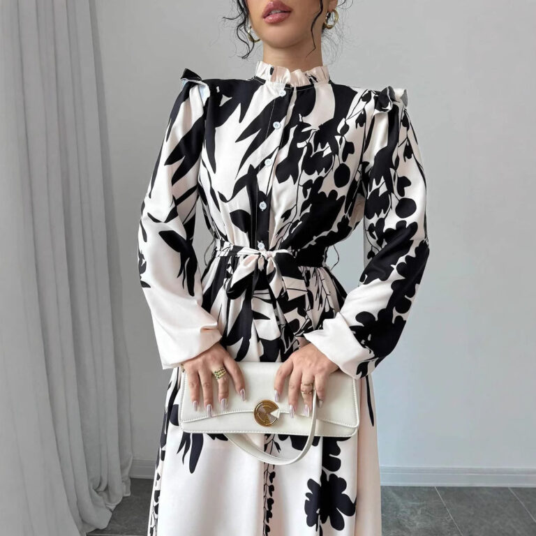 Women's Flower Waist Long Sleeve A- Line Dress - Image 3
