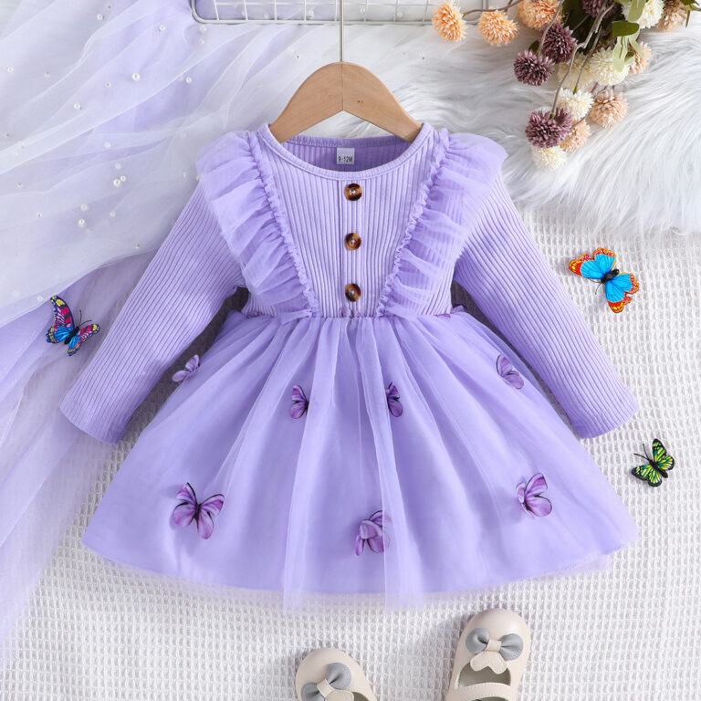 Middle And Young Children's Long Sleeved Mesh Dress