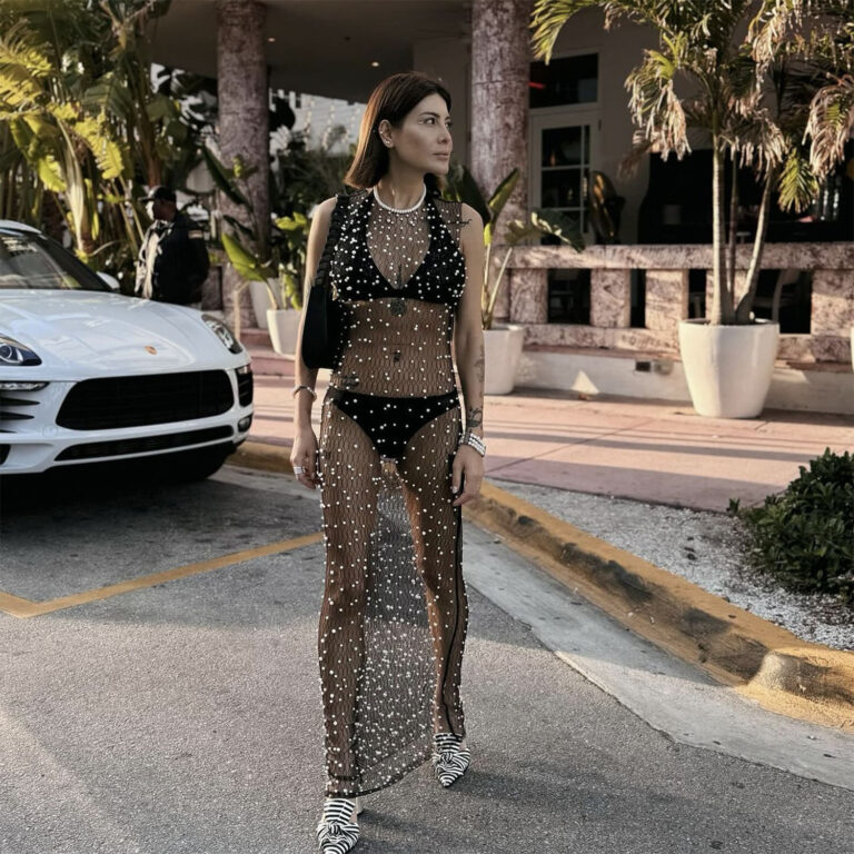Women's Mesh Bubble Beads Sheer Top Long Dress - Image 3