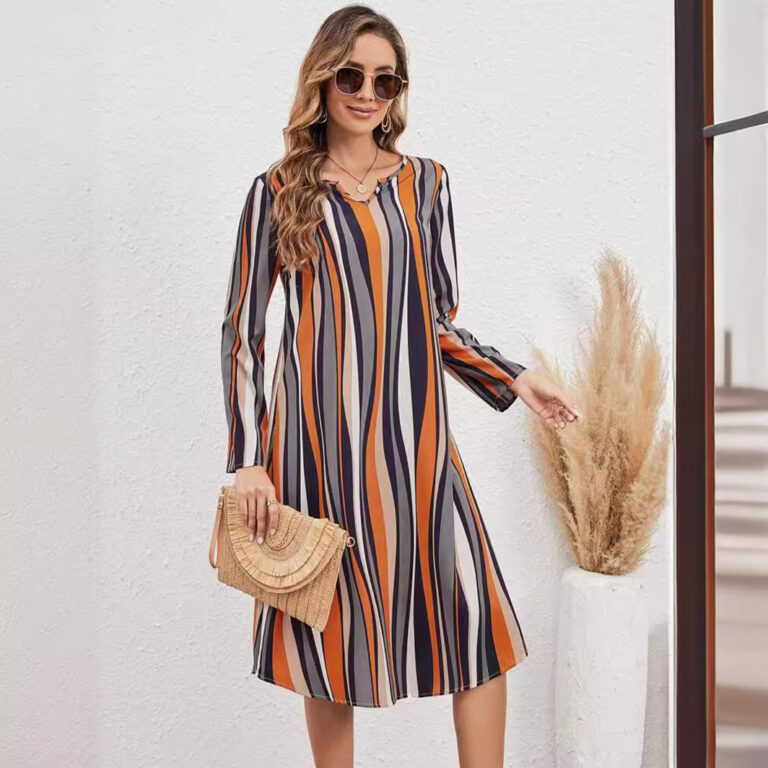 European And American Striped Print Elegant Style Long Sleeve V-neck Dress Women - Image 5
