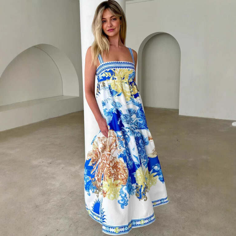 Vacation Style Long Skirt Positioning Printing Slip Dress