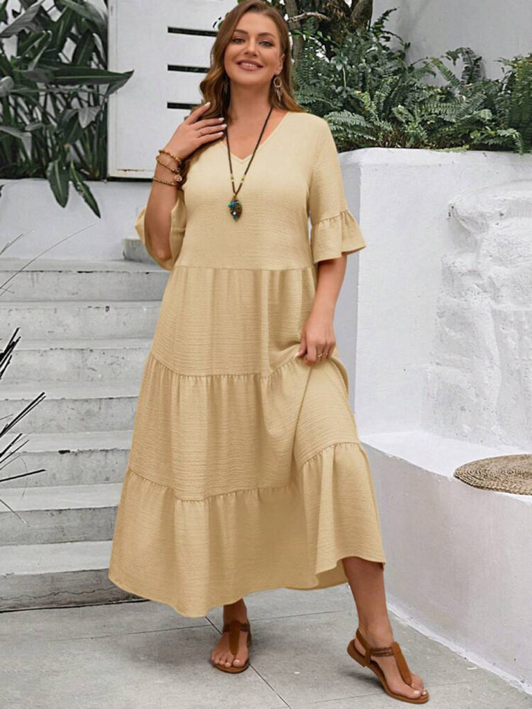 V-neck Stitching Multicolor Long Large Hem Plus Size Dress - Image 7