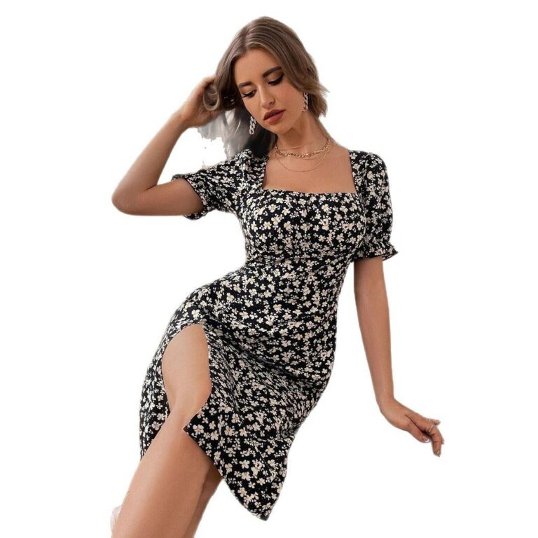 Summer Slit Square Collar Petal Sleeve Floral Dress - Image 5