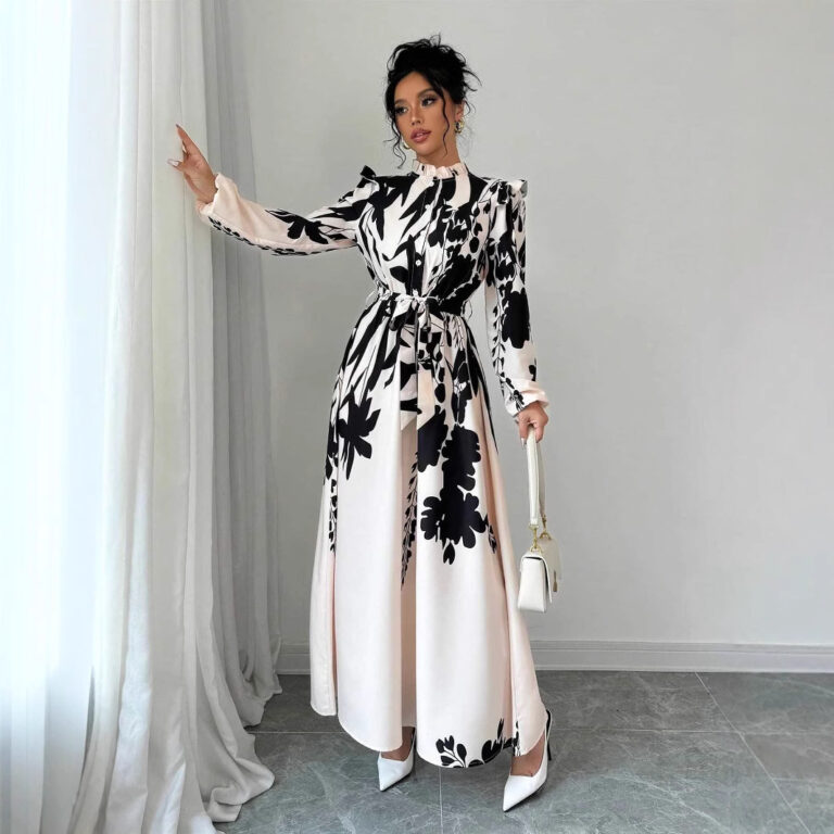 Women's Flower Waist Long Sleeve A- Line Dress - Image 4