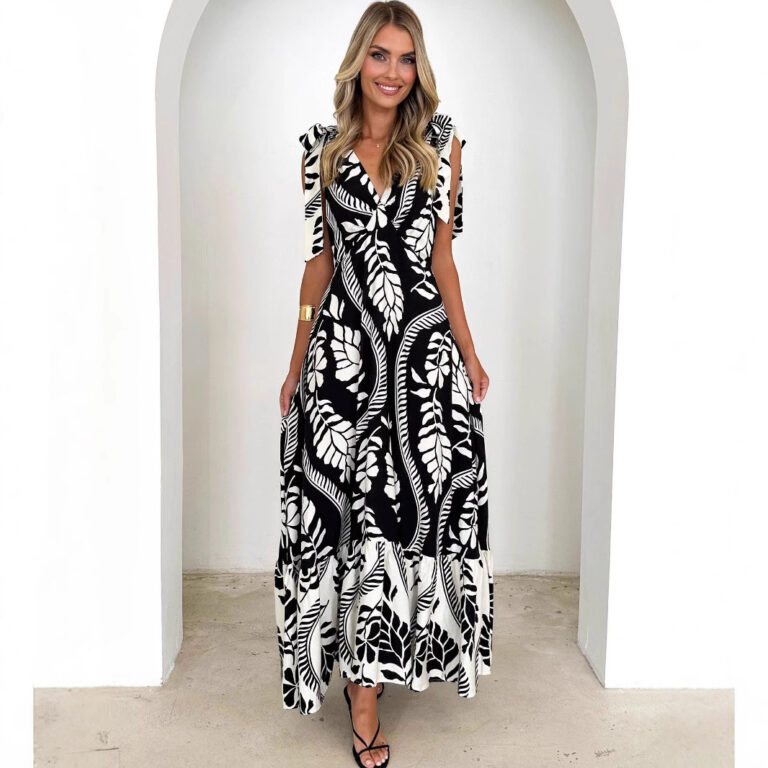 Tied V-neck Sleeveless Printed Dress Women - Image 3
