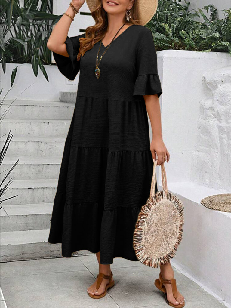 V-neck Stitching Multicolor Long Large Hem Plus Size Dress - Image 6