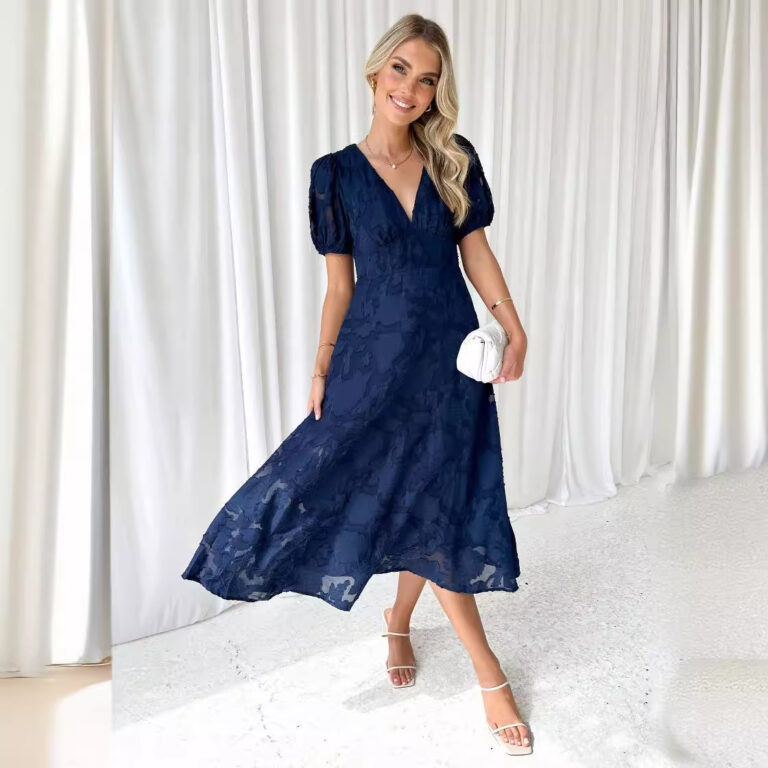 Floral Lace Short Sleeve High Waist A- Line Flowy Dress