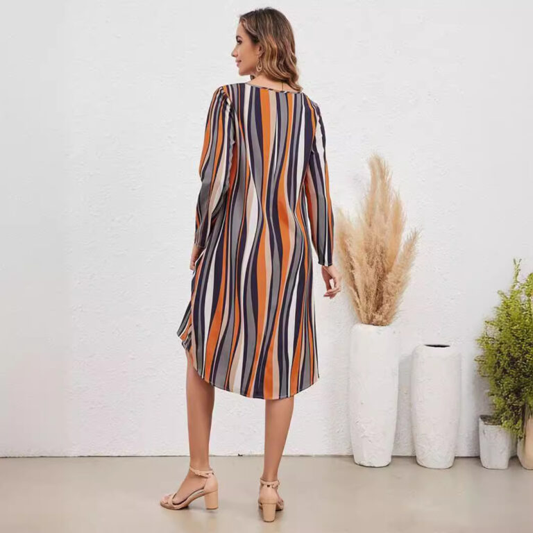 European And American Striped Print Elegant Style Long Sleeve V-neck Dress Women - Image 3