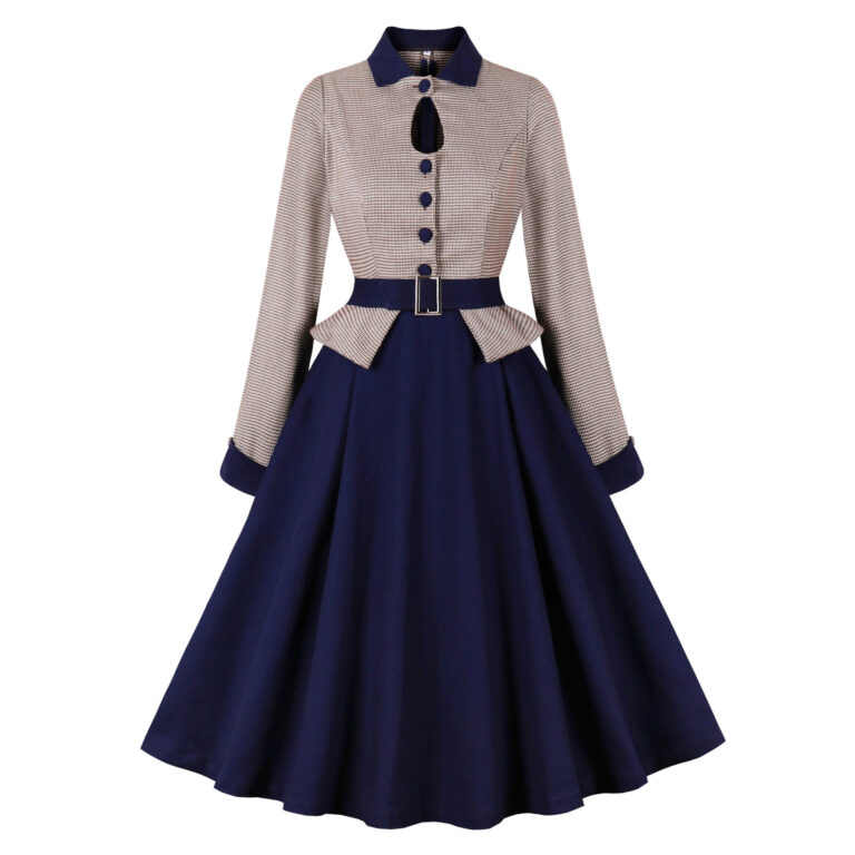 Color Effect Collar Hollow High-grade Houndstooth Patchwork Ruffled Waist-tight Autumn And Winter Long Sleeve Retro Dress - Image 2