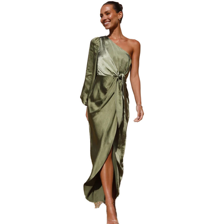 Oblique Shoulder Waist-controlled Lace-up Satin Lantern Sleeve Dress - Image 5
