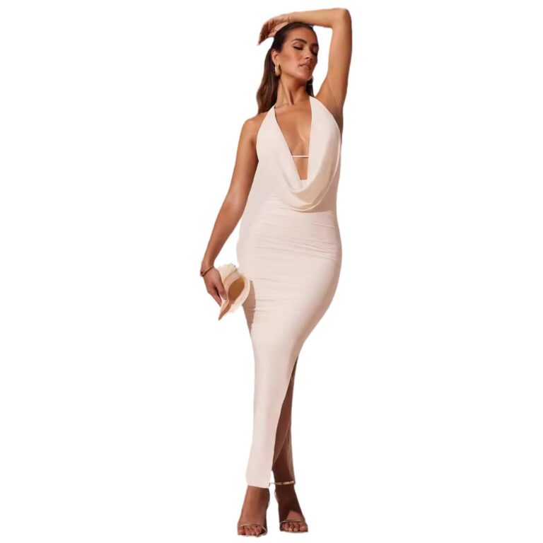 White Pleated Hanging Collar Dress - Image 5