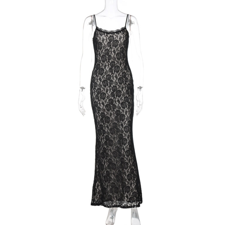 Lace Patchwork Long Dress Slim Strap Dress Women - Image 6