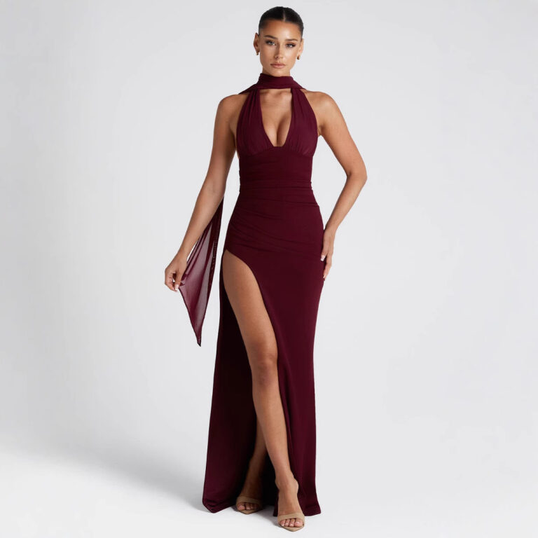 Women's Sexy Halter Deep V Lace-up Backless High-cut Split Solid Color Dress - Image 3