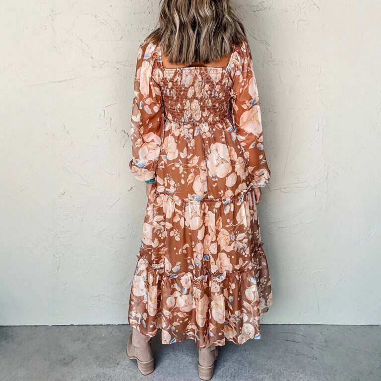 Square Collar High Waist Dress European And American Printed Waist-controlled Dress - Image 3