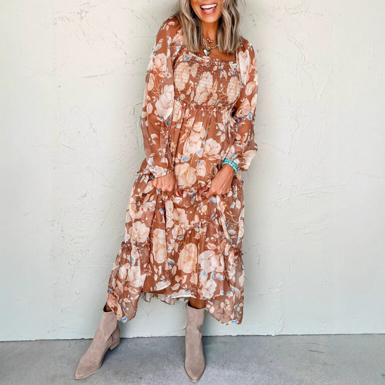 Square Collar High Waist Dress European And American Printed Waist-controlled Dress - Image 2