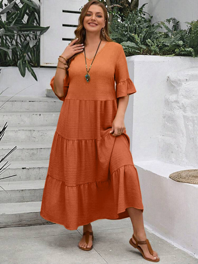 V-neck Stitching Multicolor Long Large Hem Plus Size Dress - Image 8