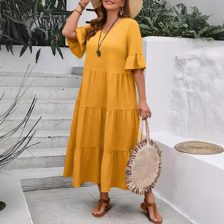 V-neck Stitching Multicolor Long Large Hem Plus Size Dress - Image 4