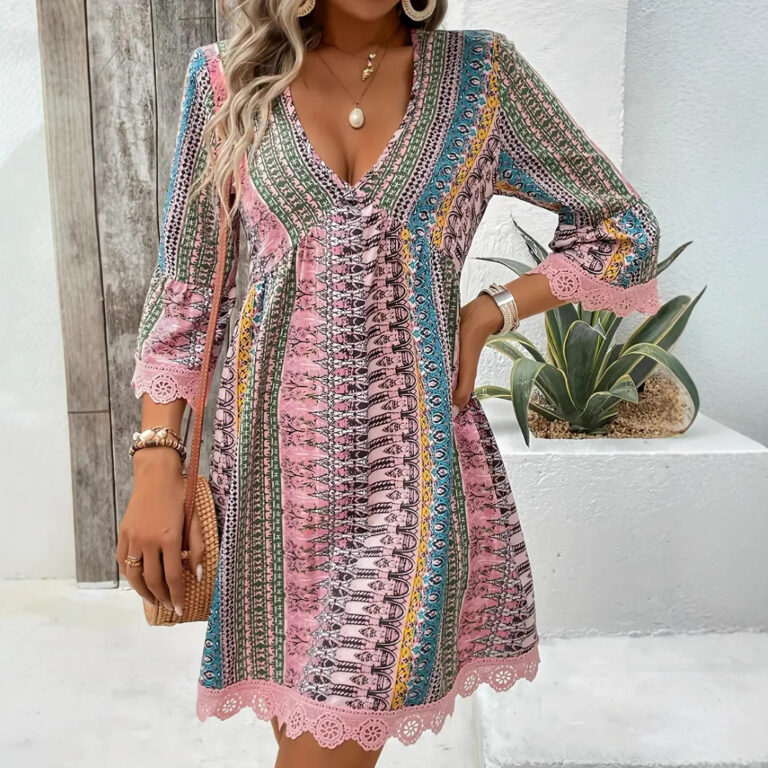 Bohemian Style V-neck Printed Dress Fashion Casual Loose Beach Dresses For Women - Image 5