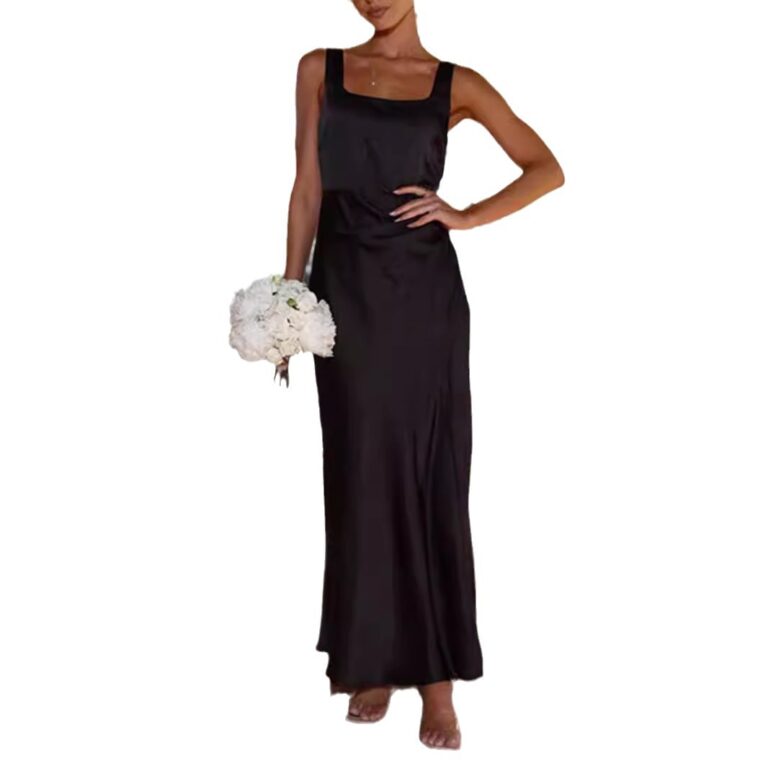 Women's Satin Square Collar Backless Slit Length Dress - Image 5