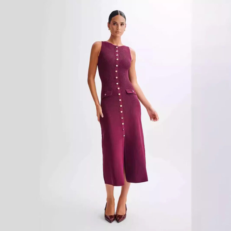 Knitted Elegant Sleeveless Button Long Dress - Image 4
