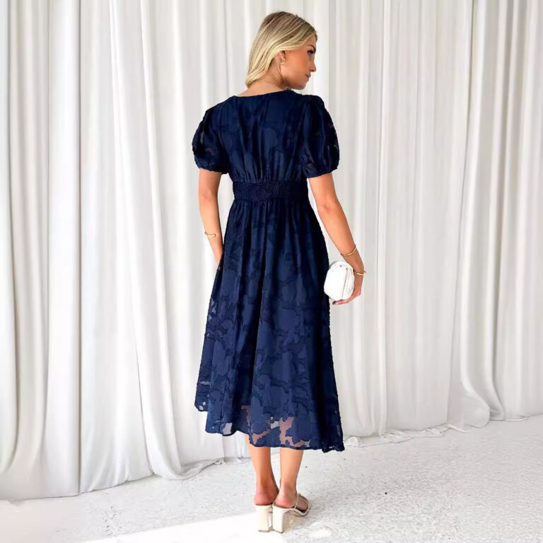 Floral Lace Short Sleeve High Waist A- Line Flowy Dress - Image 2