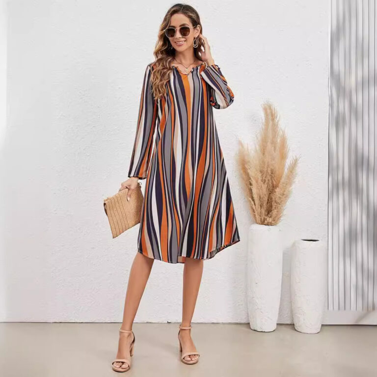 European And American Striped Print Elegant Style Long Sleeve V-neck Dress Women - Image 2