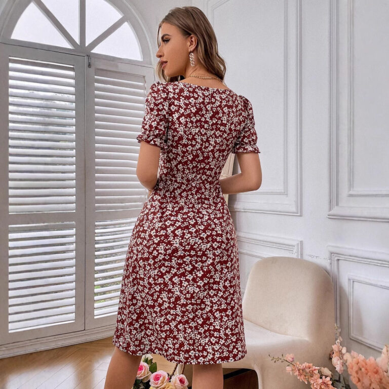 Summer Slit Square Collar Petal Sleeve Floral Dress - Image 2