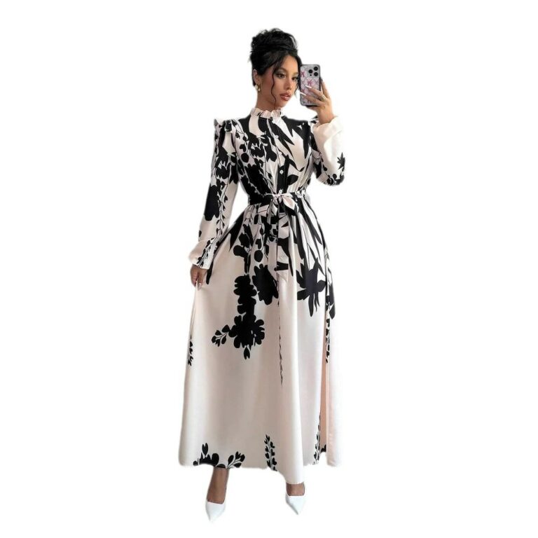 Women's Flower Waist Long Sleeve A- Line Dress - Image 5