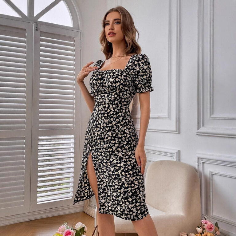 Summer Slit Square Collar Petal Sleeve Floral Dress - Image 4