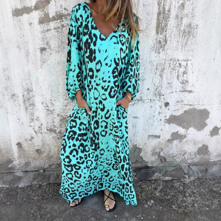 Leopard Print V-neck Printed Long Sleeve Loose Dress Women - Image 2