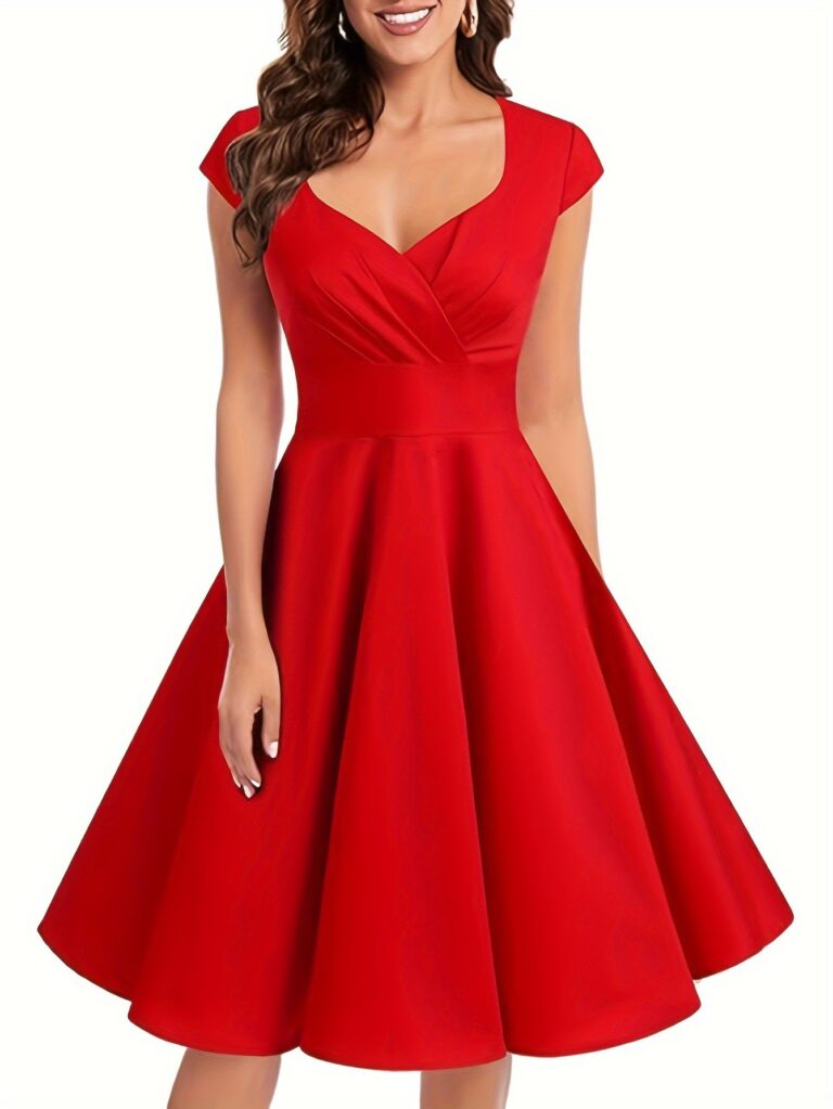 Retro Women's V-neck Half Sleeve Waist Dress - Image 5