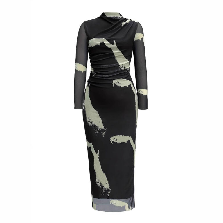 Mesh Floral Print Tight Split Round Neck Dress - Image 3